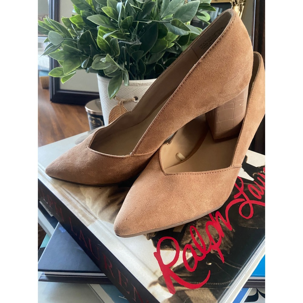 Ann Taylor Factory Tan Faux Suede Pointed Toe Block Heel Pumps Croc Detail 6M